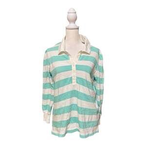 LOFT Women’s Size S Green White Striped Cotton Polo Long Sleeve Top